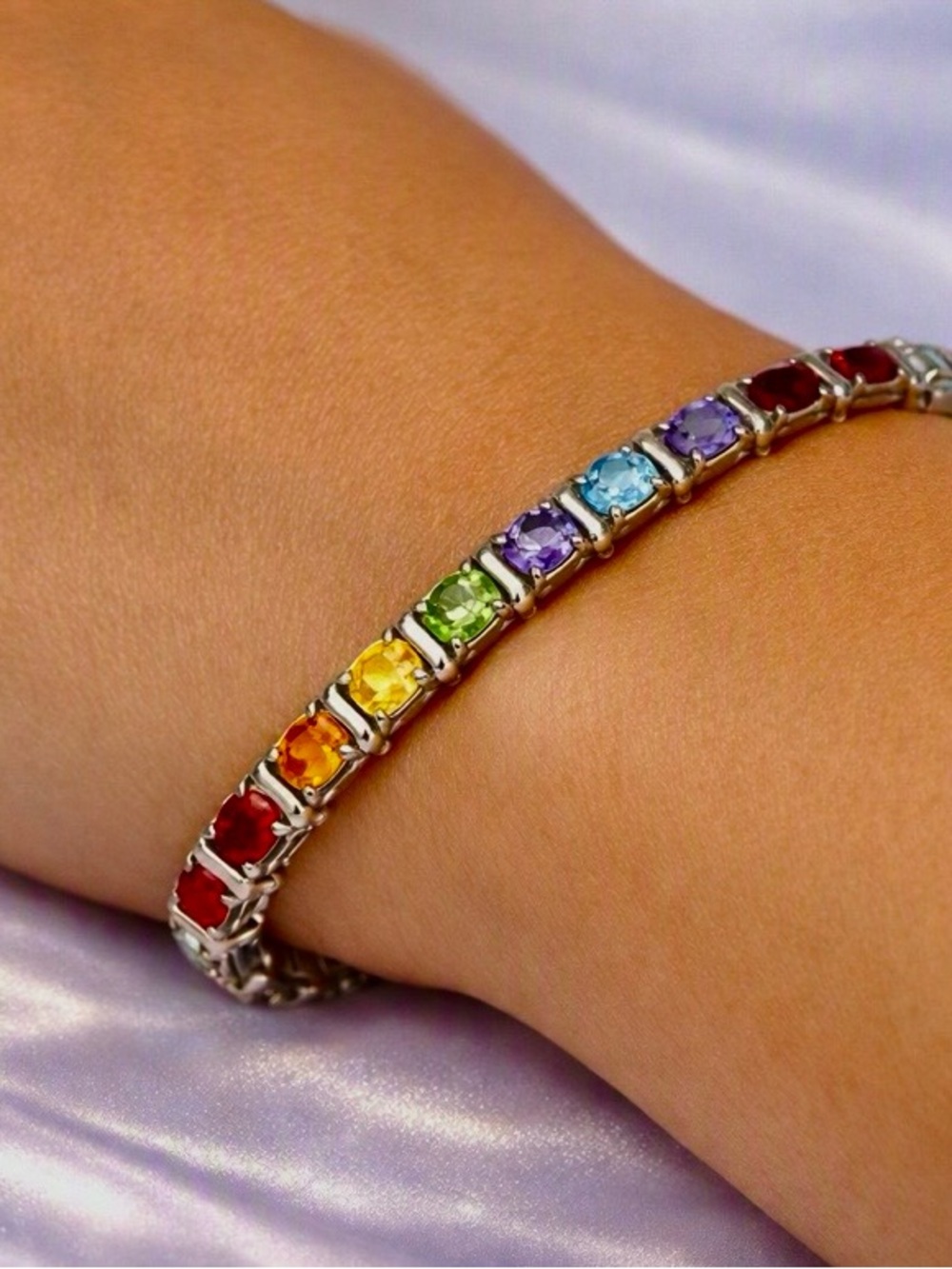 Vintage Sterling Silver Rainbow Gemstone Tennis Bracelet - 7”/ 15.9g.